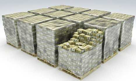 $100 bills stacked in pallets $100 bills on pallets