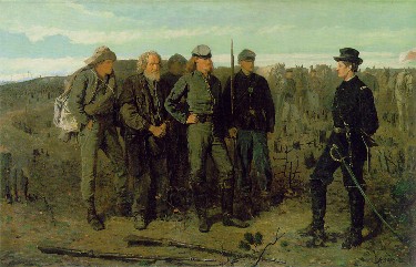 Winslow Homer "Prisoners at the Front" 1863. Union Brigadier General Francis Barlow, Medal of Honor, seven Purple Hearts, talks to Confederate prisoners.